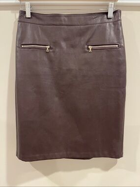 LOFT Faux Leather Pencil Skirt in Dark Brown with Gold Zippers